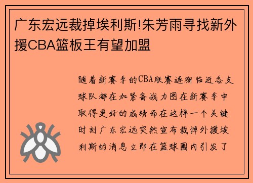 广东宏远裁掉埃利斯!朱芳雨寻找新外援CBA篮板王有望加盟